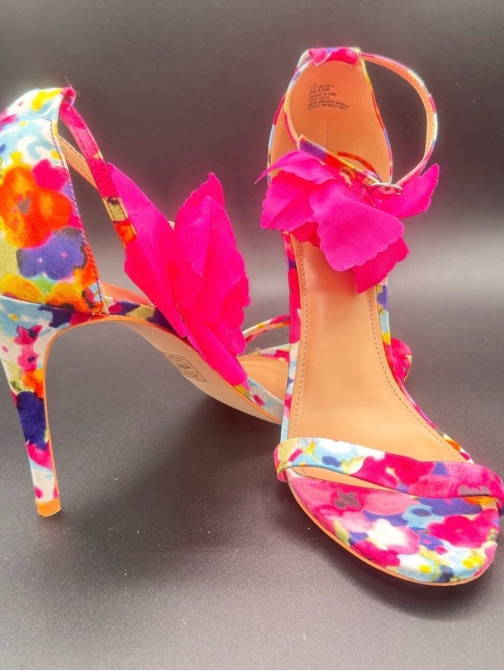JustFab Hot Pink Floral Ankle-Strap Heels with Fabric Flower Like New Sz 11